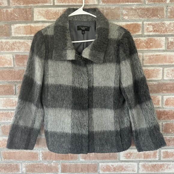 Talbots Gray Buffalo Plaid Wool Alpaca Blend Zip Up Coat Size 10 Petite - Picture 1 of 6